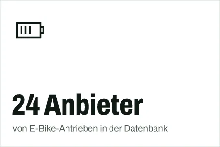 Textgrafik: 24 Anbieter, von E-Bike-Antrieben in der Datenbank – Technik
