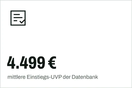 Textgrafik: 4.499 €, mittlere Einstiegs-UVP der Datenbank – Kaufberatung & Tests