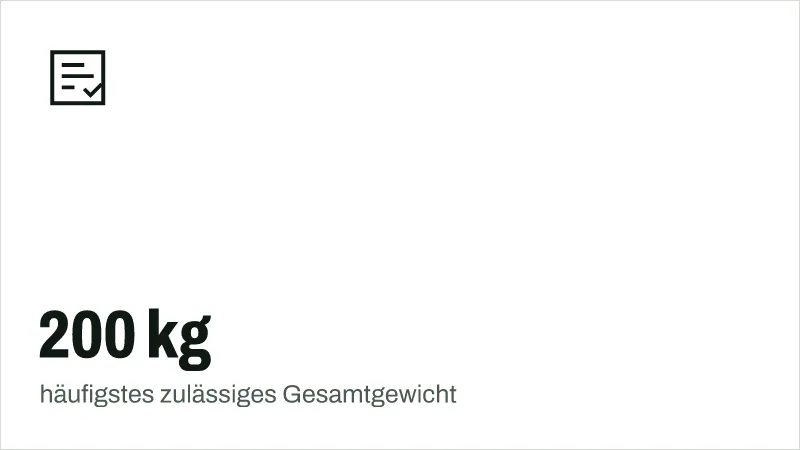 Textgrafik: 200 kg, häufigstes zulässiges Gesamtgewicht – Kaufberatung & Tests